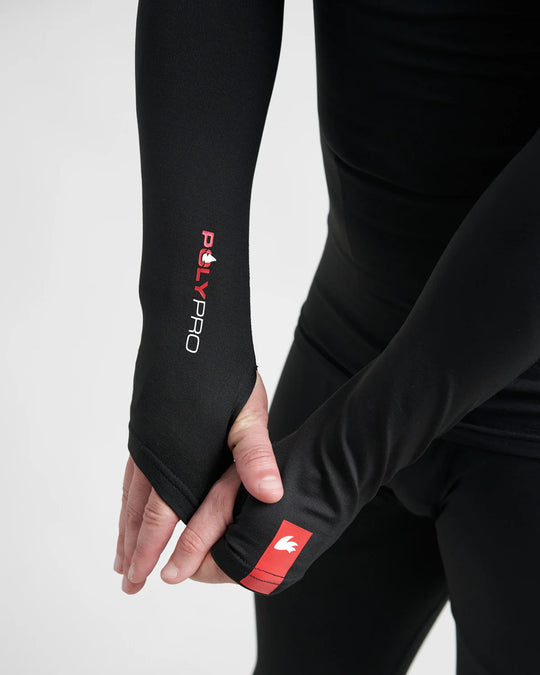 Black long-sleeve hydrophobic base layer top with red and white logo on a white background.