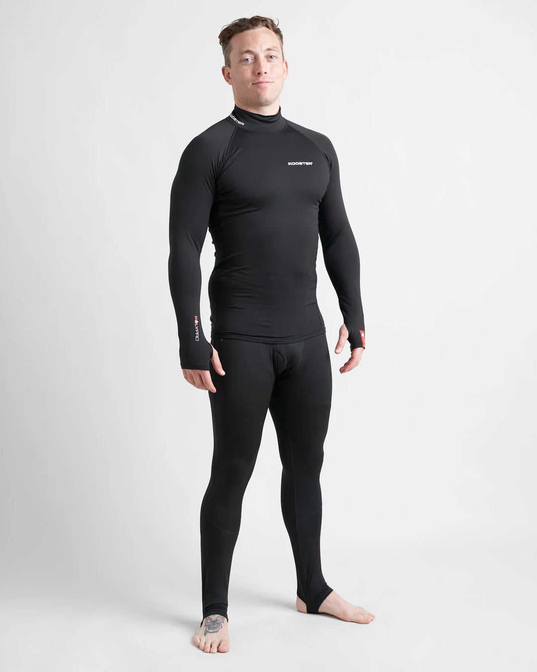 Person wearing a black Rooster PolyPro Thermal Base Layer set on a white background.