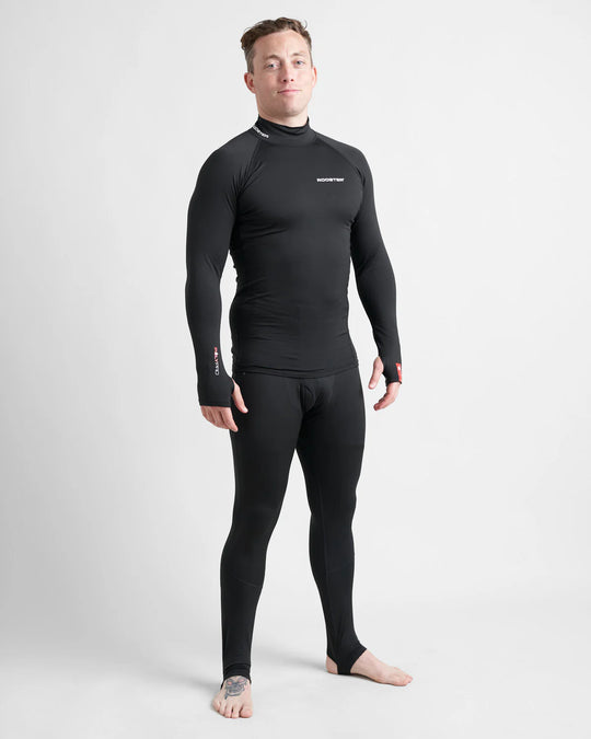 Person wearing a black Rooster PolyPro Thermal Base Layer set on a white background.
