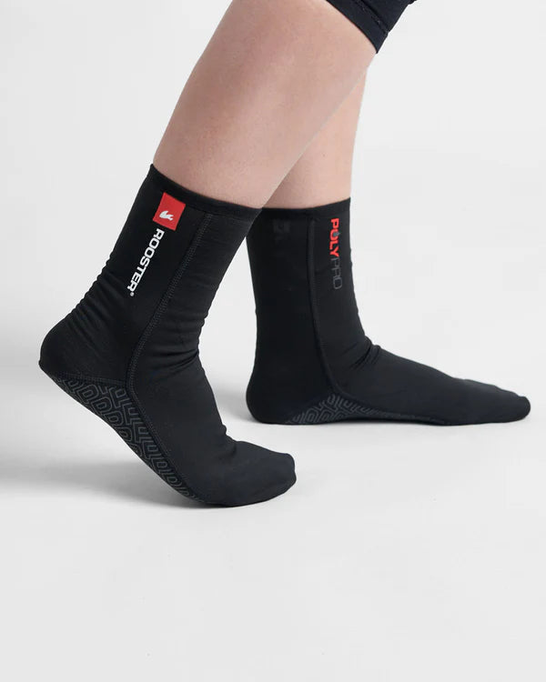 Studio side image of black Rooster PolyPro Socks with white and red logo on the white background.