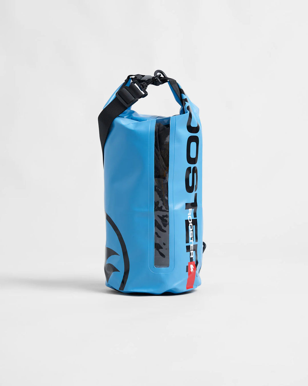 Blue dry bag with black strap and visible branding on a light grey background.