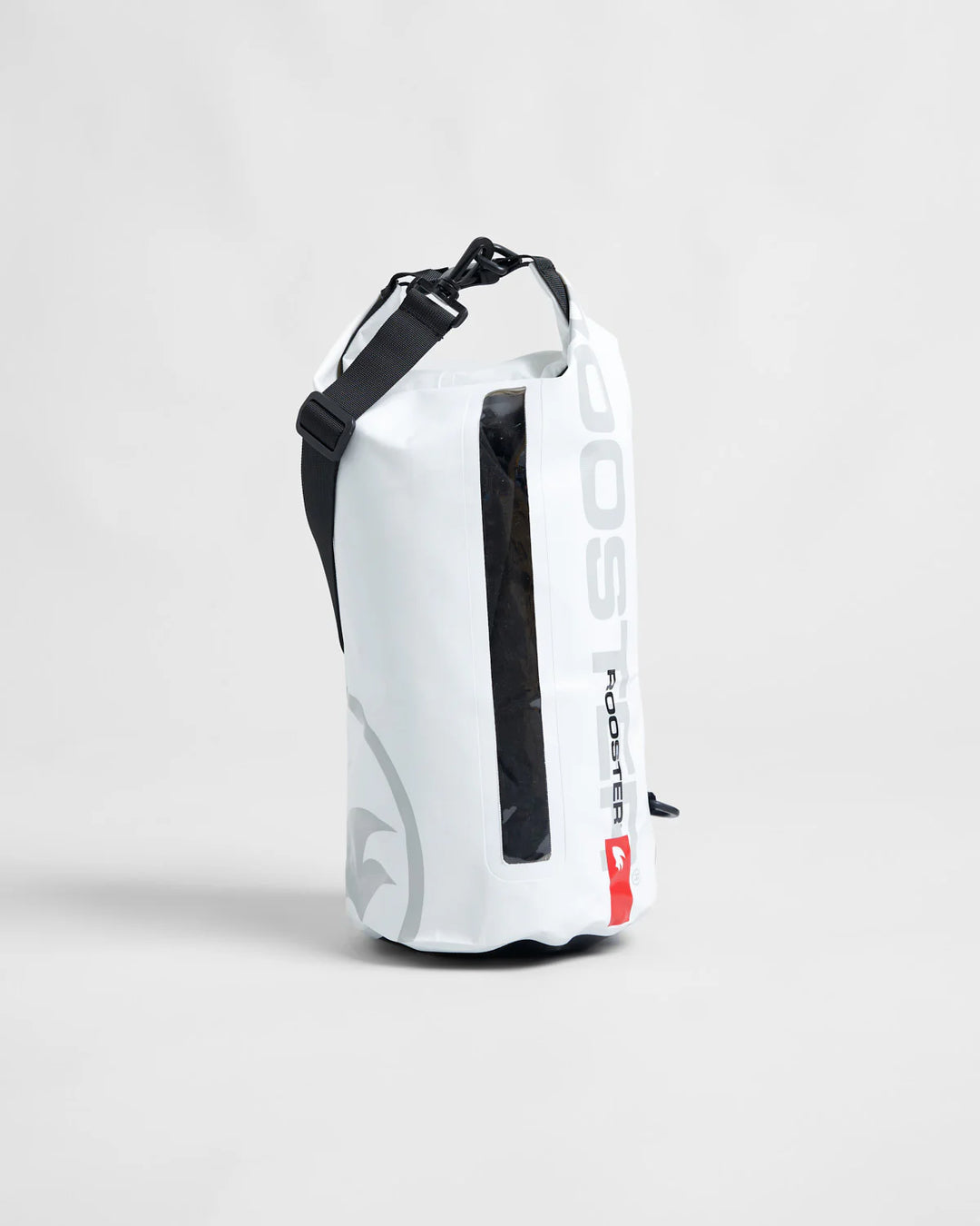 White dry bag with black straps on a light grey background.