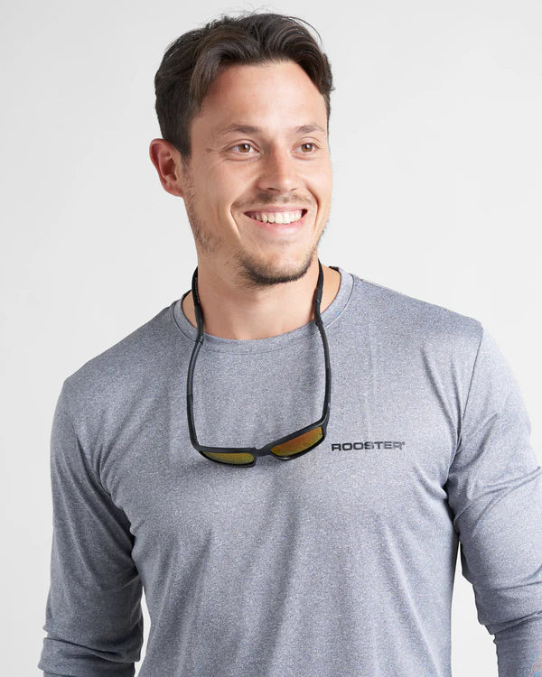 A person wearing sunglasses and a black strap designed to hold the glasses in place, displayed with glasses around neck and front view.