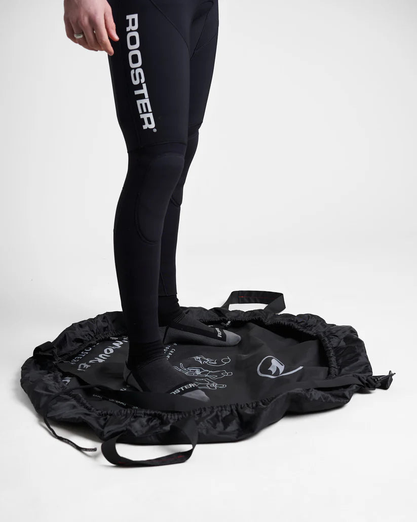 Close up of a studio image of the Rooster Changing Mat Bag showing a model stood in the open mat bag on a white background.