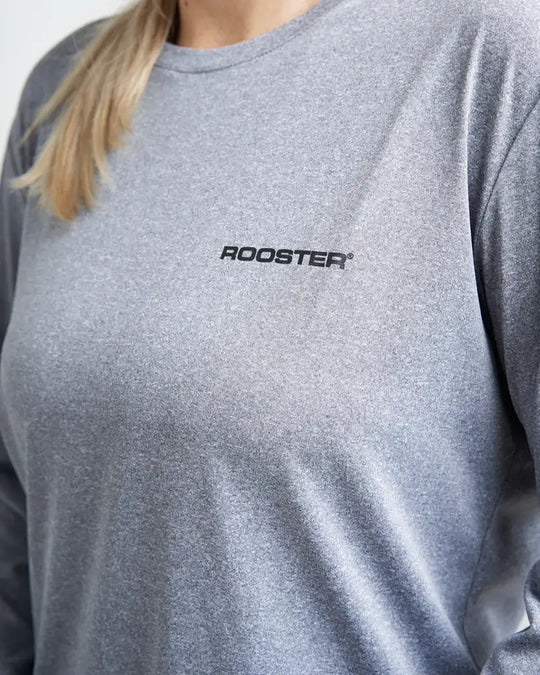 Gray shirt with 'ROOSTER' logo worn by a person