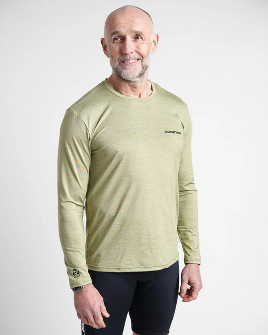 Man wearing a khaki long-sleeve quick dry t-shirt with a logo on a white background