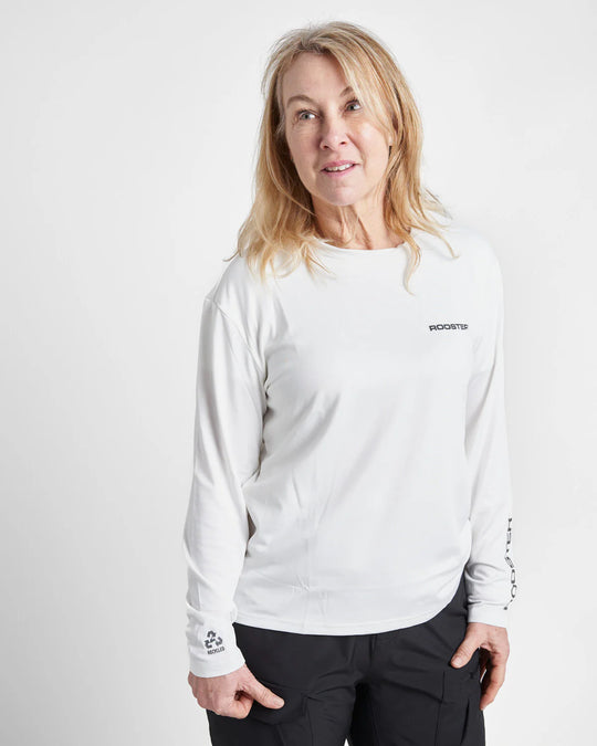 Woman wearing a white long-sleeve quick dry t-shirt with a logo on a white background.