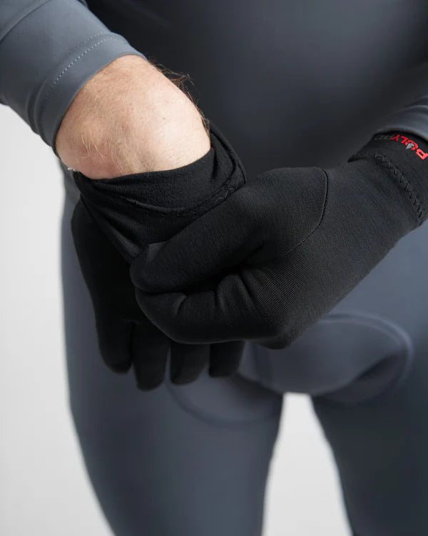 A pair of black glove liners with the Rooster brand logo on the wrist strap, designed for thermal base layer use, close up image showing brushed fleece inner.