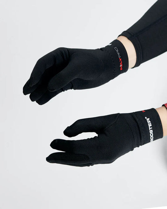 A pair of black glove liners with the Rooster brand logo on the wrist strap, designed for thermal base layer use, side studio image.