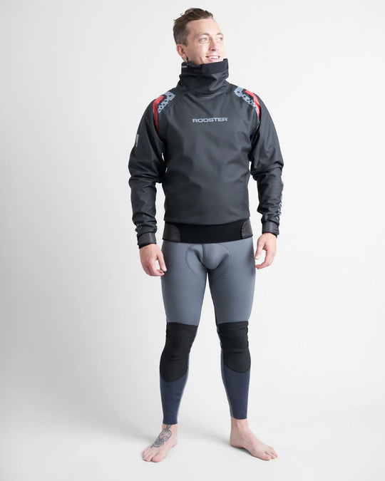 Person wearing a black Rooster Pro Aquafeece spray top over a grey wetsuit with 'Rooster' branding on a white background.