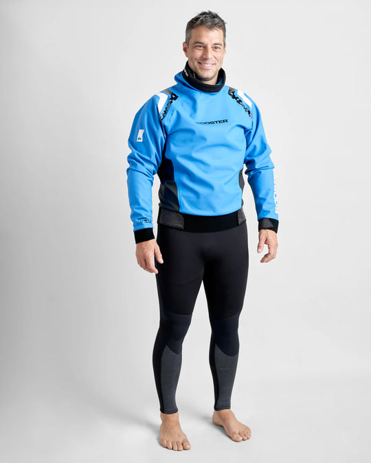 Man wearing a blue Rooster Aquafleece top and black wetsuit on a white background.
