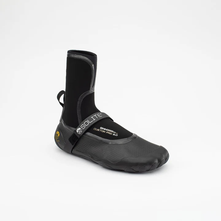 Front toe area studio image of a black neoprene watersport boot with the Solite brand logo on the strap.