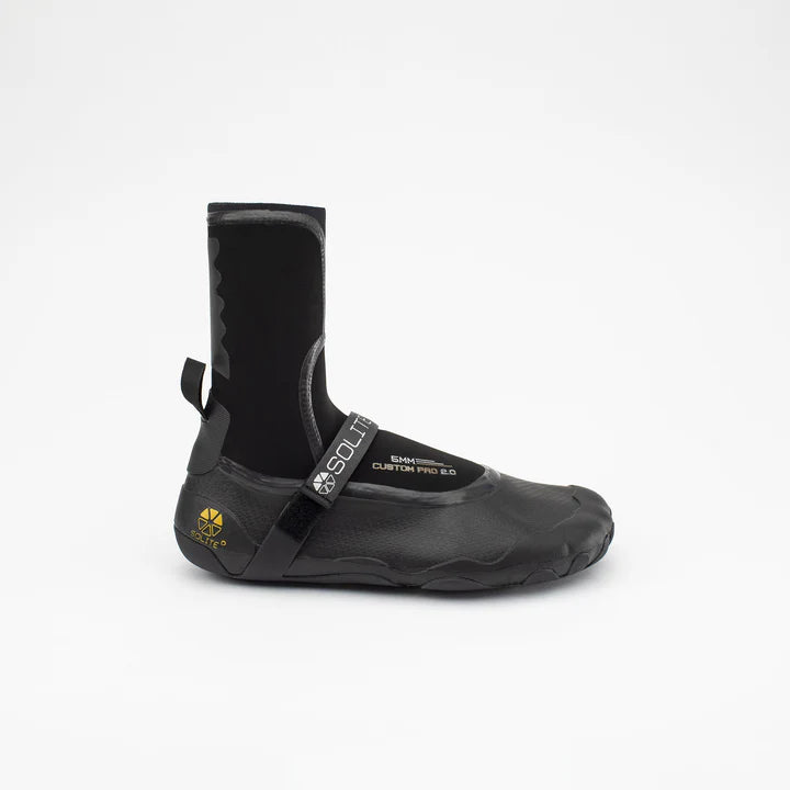 Side studio image of a black neoprene watersport boot with the Solite brand logo on the strap.