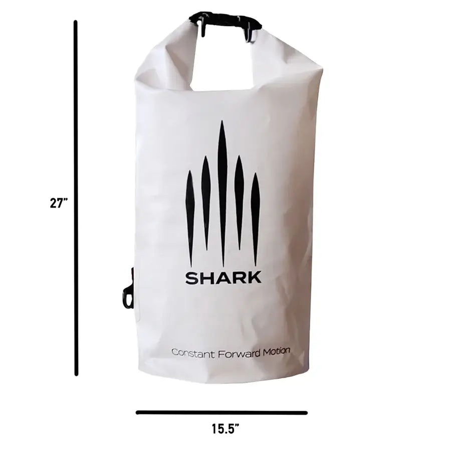 White dry bag with shark fin design and 'Shark' branding, shown with dimensions on a white background.