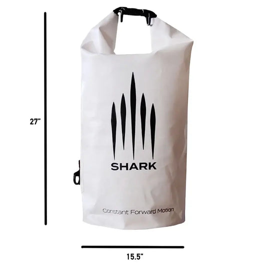 White dry bag with shark fin design and 'Shark' branding, shown with dimensions on a white background.