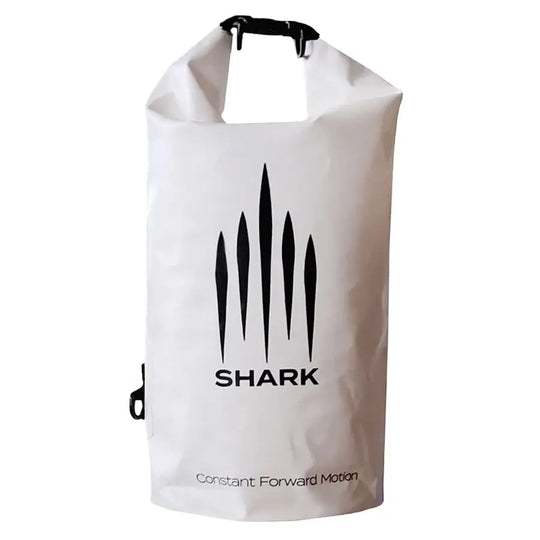 White dry bag with black 'SHARK' logo and text on a white background