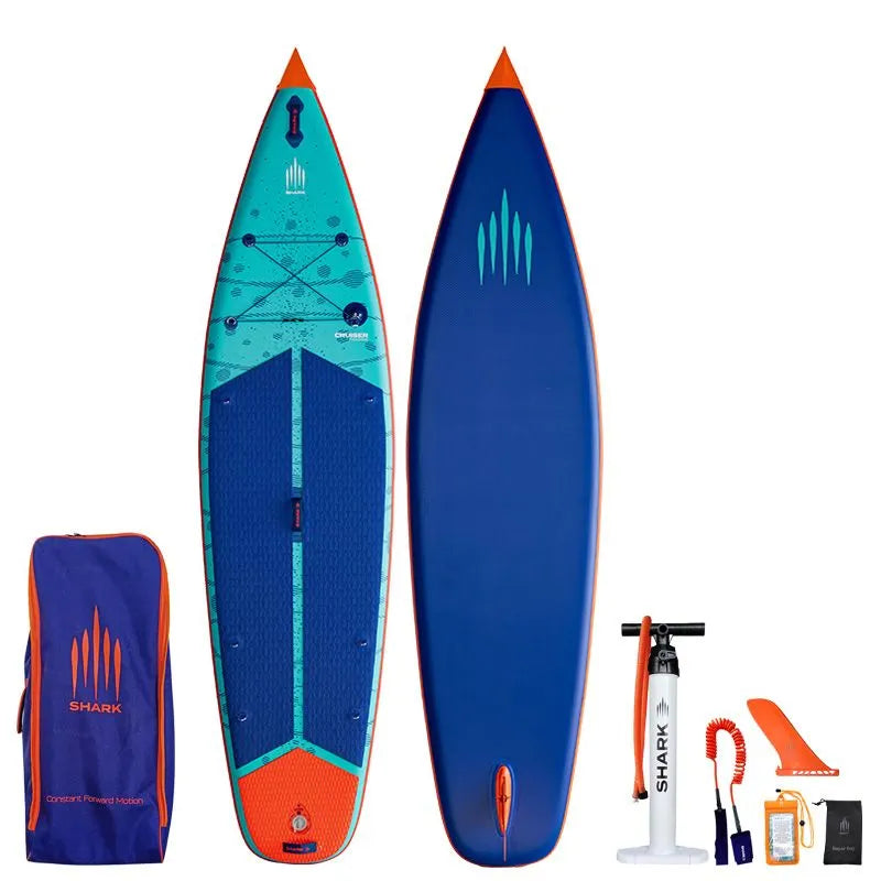 Image of Shark SUPS Cruiser Flow 11'6 x 34" x 6" inflatable paddle board with light blue deck featuring shark skin graphics and a dark blue bottom. Also showing package accessories.