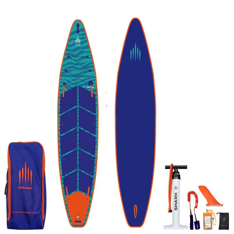 Image of Shark SUPS  15'2 x 36" x 6" inflatable tandem paddle board with light blue deck featuring shark skin graphics and a dark blue bottom. Also showing package accessories.