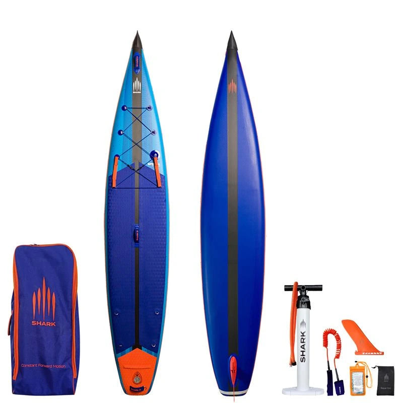 Image of Shark SUPS Speed Plus 12'6" x 28" x 5" inflatable race paddle board with light blue deck featuring shark skin graphics and a dark blue bottom. Also showing package accessories.