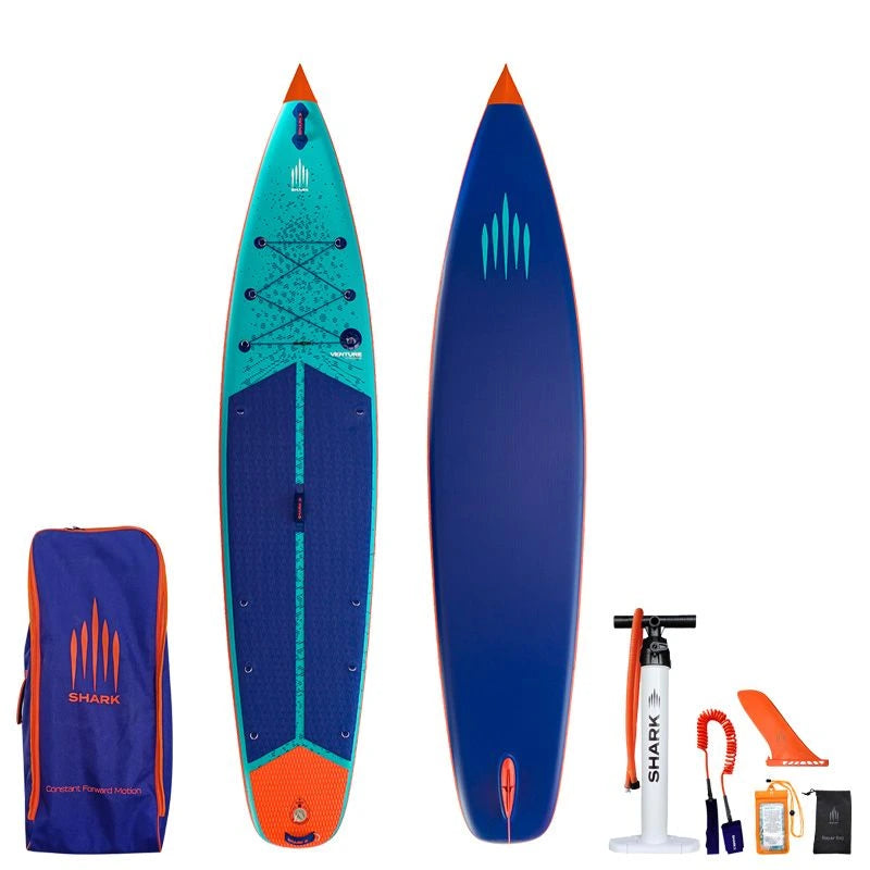 Image of Shark SUPS Venture Flow 12'6 x 32" x 6" inflatable paddle board with light blue deck featuring shark skin graphics and a dark blue bottom. Also showing package accessories.