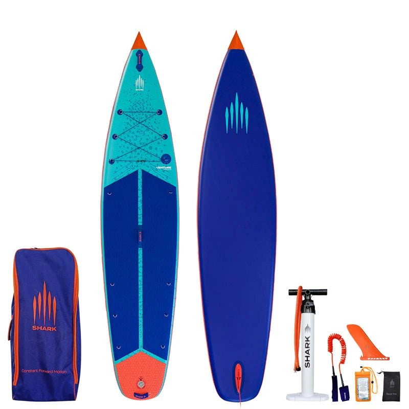Image of Shark SUPS Venture Flow 12'6 x 34" x 6" inflatable paddle board with light blue deck featuring shark skin graphics and a dark blue bottom. Also showing package accessories.