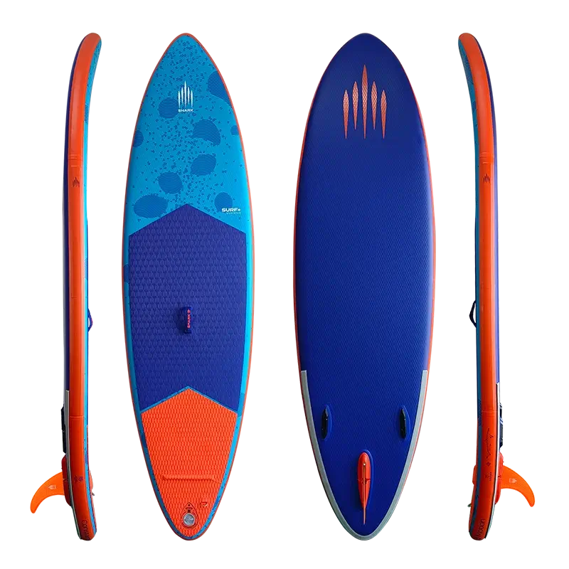 Studio image of the blue Shark SUPs Surf Paddleboard, with side views showing the surf rocker lines as well as top and bottoms views.