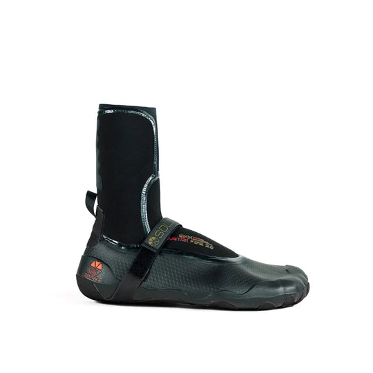 Studio image of Solite 8mm Custom Fire 2.0 Watersport Boots in black with red accents, shot focuses on the outer side of the boot.
