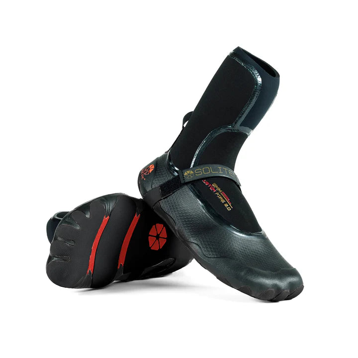 A pair of black neoprene watersport boots with red accents and the Solite brand logo on the strap.