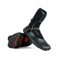 A pair of black neoprene watersport boots with red accents and the Solite brand logo on the strap.