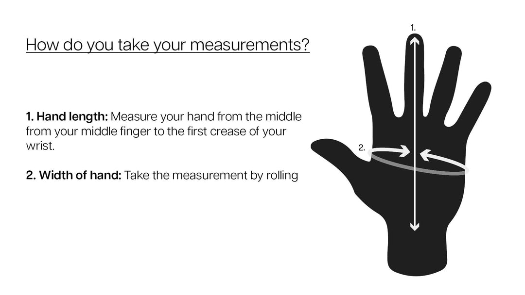 Image of a size guide measuring technique for neoprene gloves and open palm mitts.