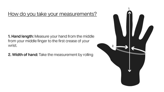 Image of a size guide measuring technique for neoprene gloves and open palm mitts.