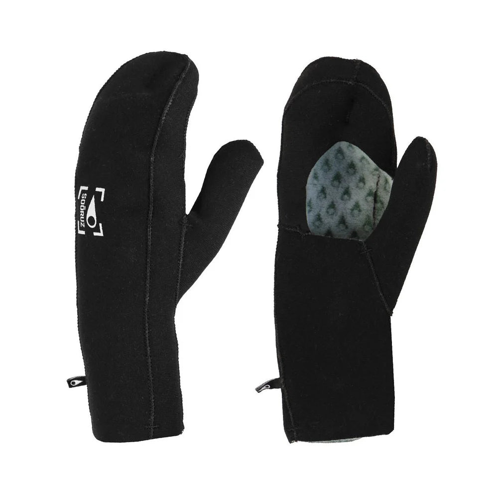 Black open palm mittens with a Sooruz brand logo on a white background.