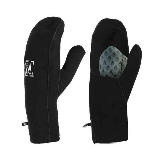 Black open palm mittens with a Sooruz brand logo on a white background.