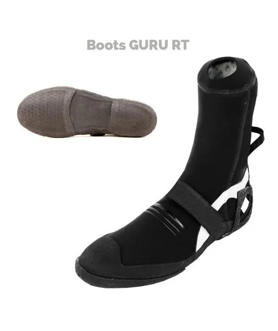 Black wetsuit boot with white logo on a white background, labelled 'Boots GURU RT'.
