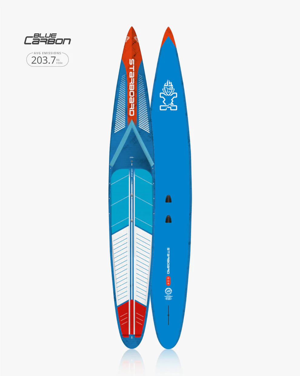 Blue carbon stand-up paddleboard with red accents on a white background.