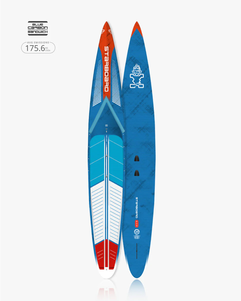 Blue and red stand-up paddleboard with brand logo on a white background.