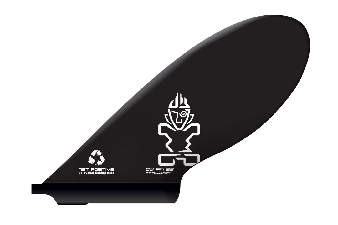 Studio image of Starboard Dol Fin SUP Fin in black made out of up-cycled fishing nets.