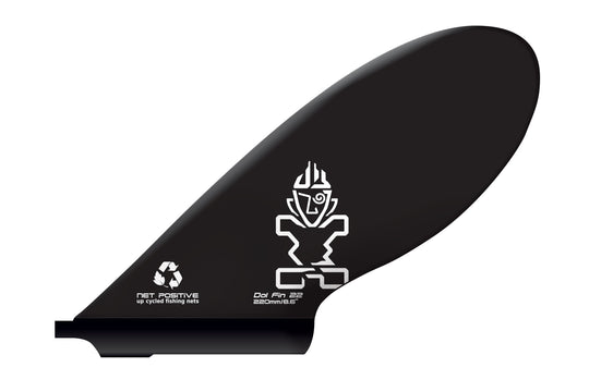 Studio image of Starboard Dol Fin SUP Fin in black made out of up-cycled fishing nets.