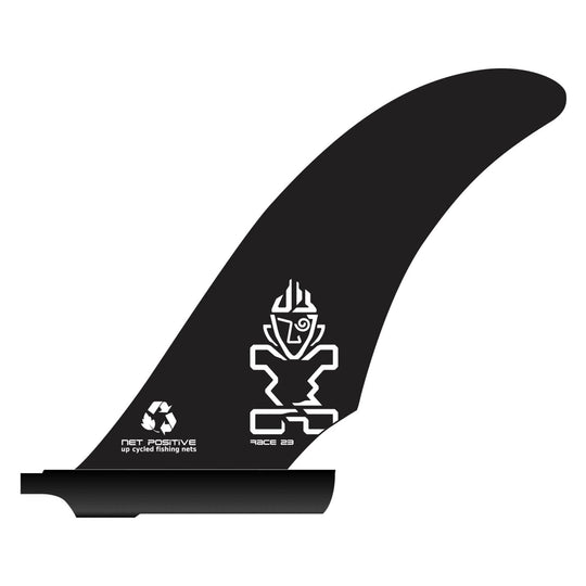 Studio image of a black Starboard Race23 SUP Fin made from recycled fishing nets.