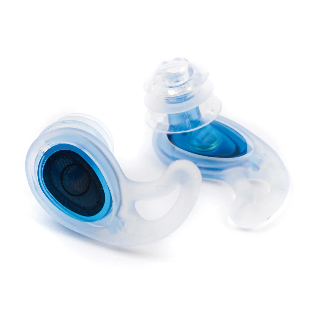 Clear and blue watersports and swimming ear plugs on a white background.