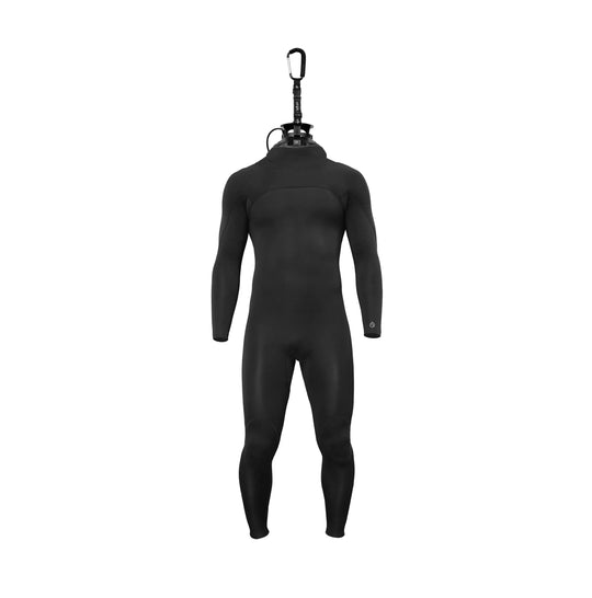 Black wetsuit hung on an electric heated wetsuit dryer, made by Surflogic, on a white background.