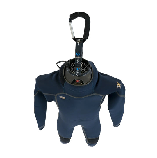 Blue wetsuit with a black carabiner and wetsuit drying fan on a white background.