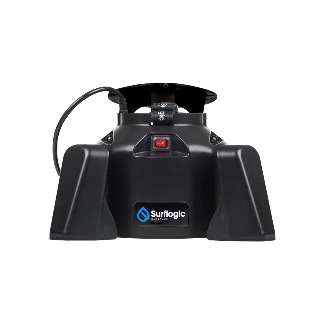 Black heated wetsuit dryer with Surflogic branding on a white background.