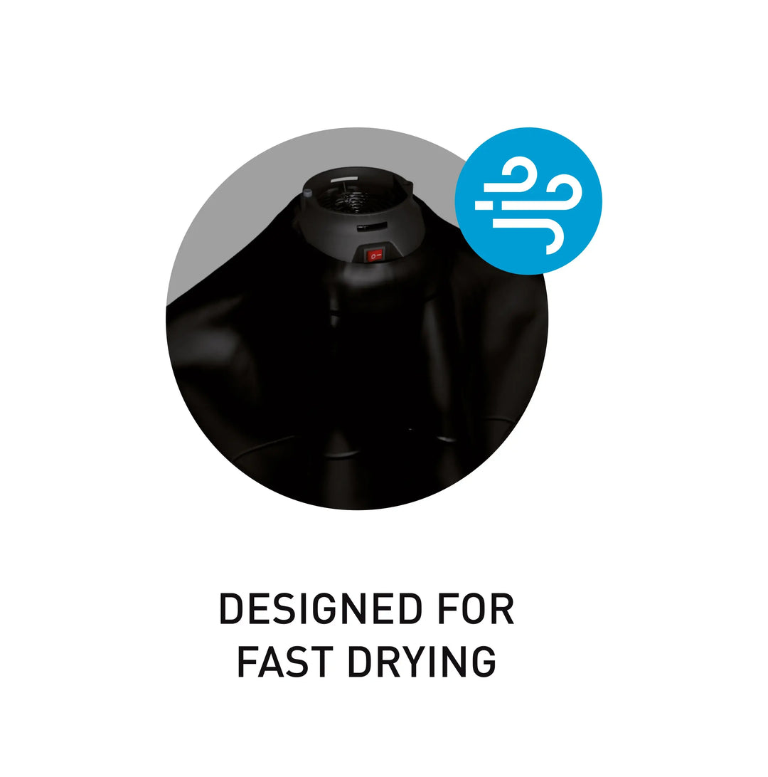 Black wetsuit dryer with a blue icon and text 'Designed for Fast Drying' on a white background.