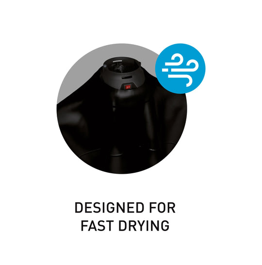 Black wetsuit dryer with a blue icon and text 'Designed for Fast Drying' on a white background.