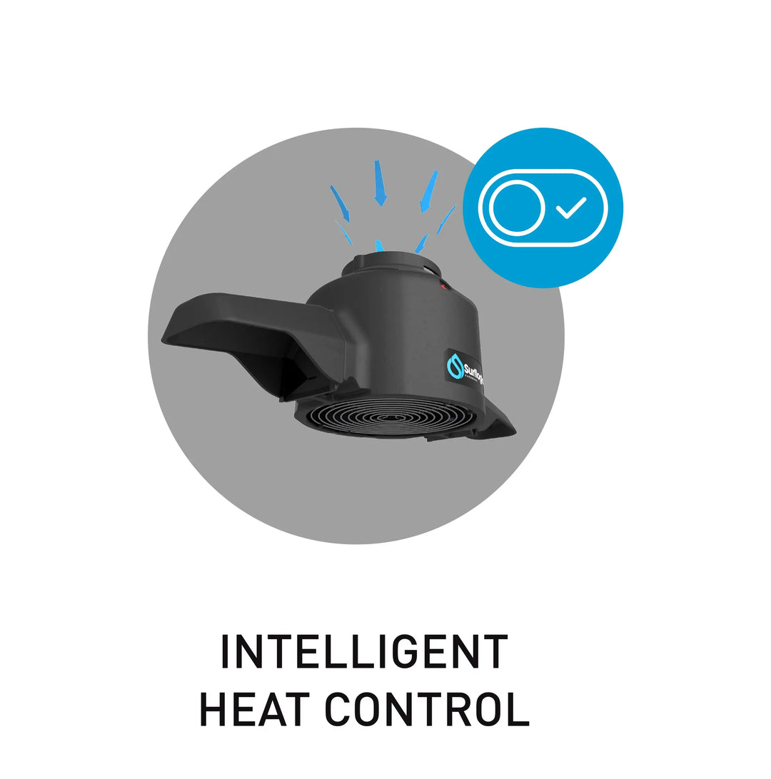 Black heated Surflogic Wetsuit Pro Dryer with blue icon and 'INTELLIGENT HEAT CONTROL' text on a grey background.