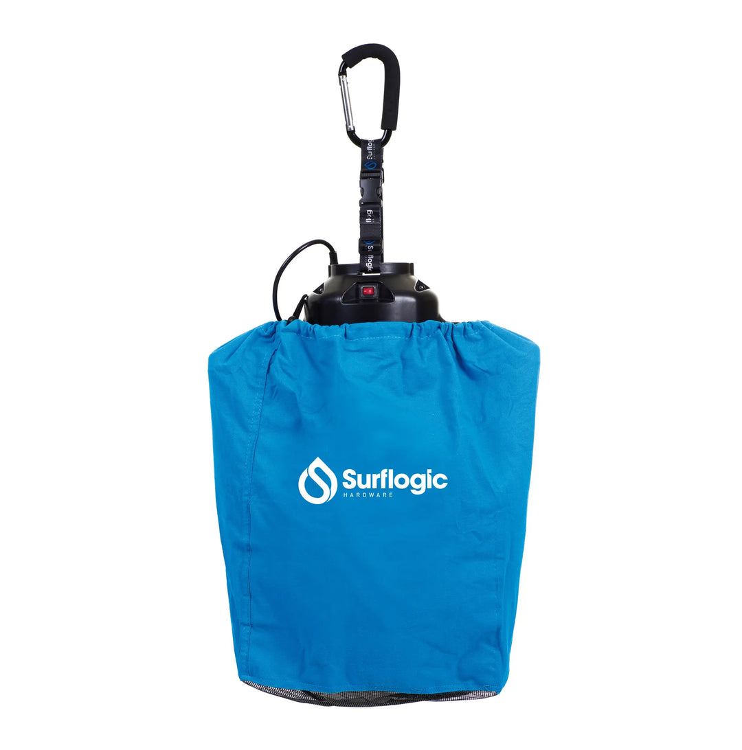 Blue Surflogic Wetsuit Pro Dryer accessories bag with carabiner and Surflogic logo on a white background.
