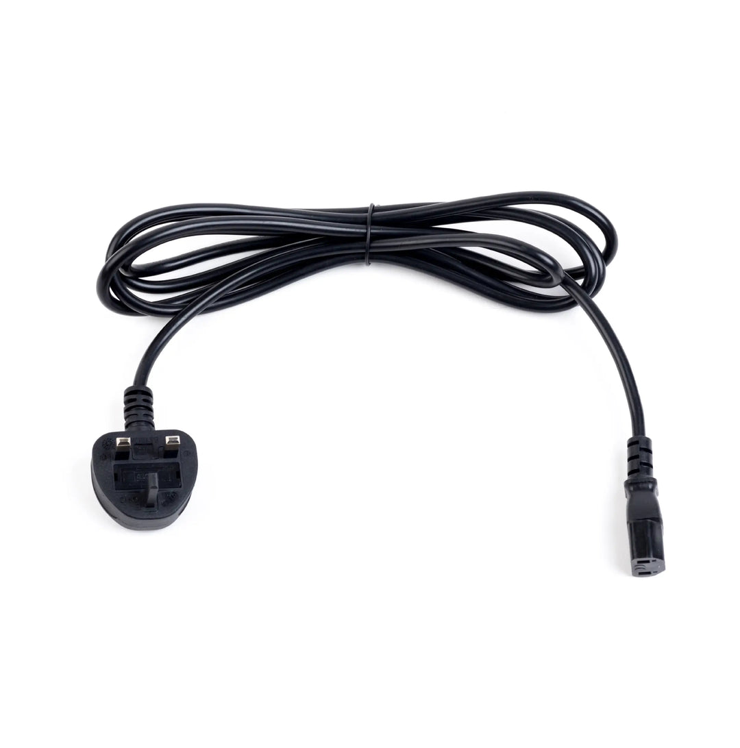 Black power cable with UK plug for a Surflogic Wetsuit Pro Dryer on a white background.