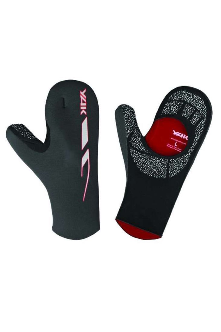 Studio image of black 3mm neoprene open palm mitts for SUP and kayaking.