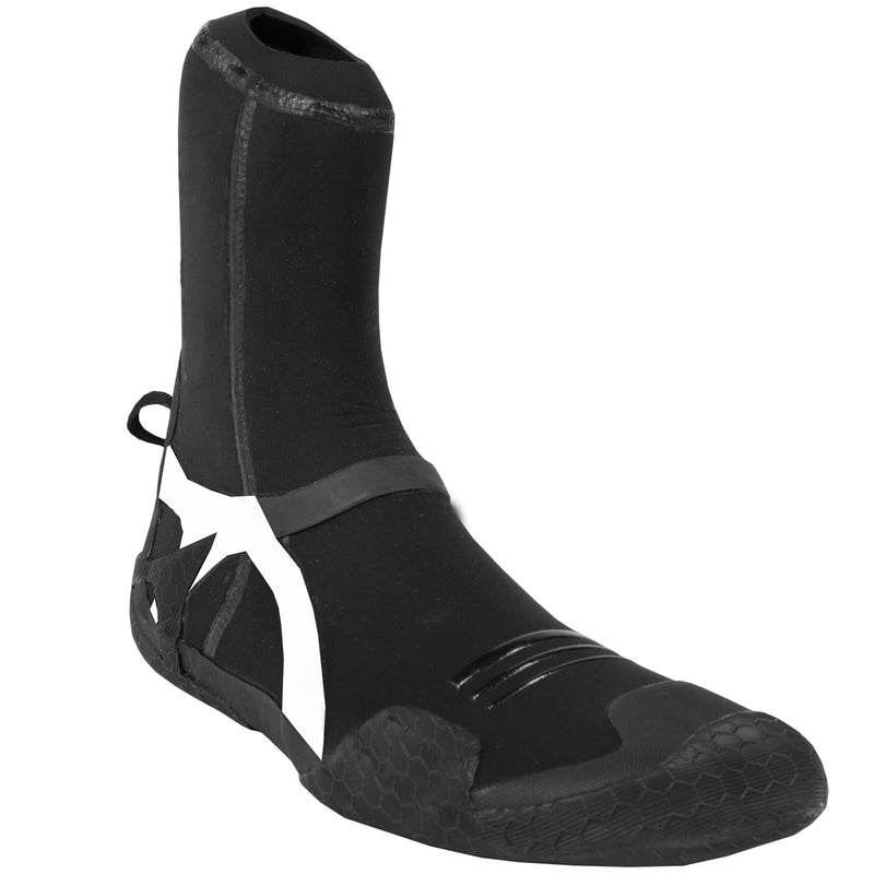 Black neoprene boot with a brand logo on a white background.
